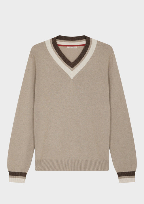 Pull col V uni beige - 1 - Father & Sons   - 1 