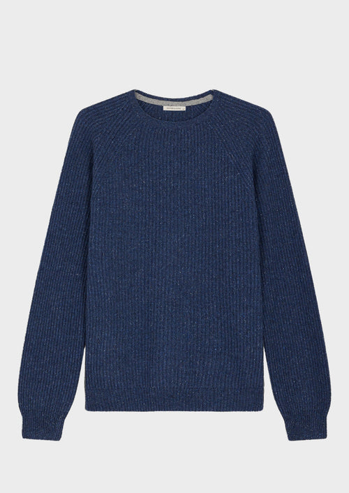 Pull col rond en laine et soie mélangées unies bleu turquin - 1 - Father & Sons   - 3 