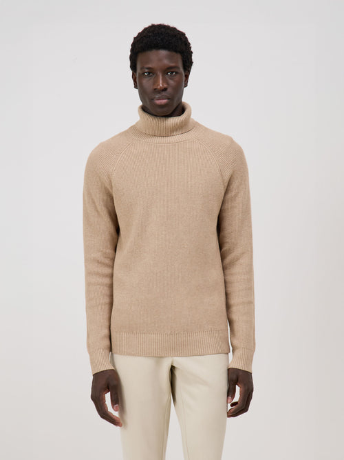 Pull col roulé en laine mélangée camel - 1 - Father & Sons   - 5 