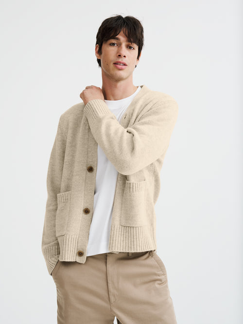 Cardigan boutonné en laine mélangée beige - Father & Sons   - 1 
