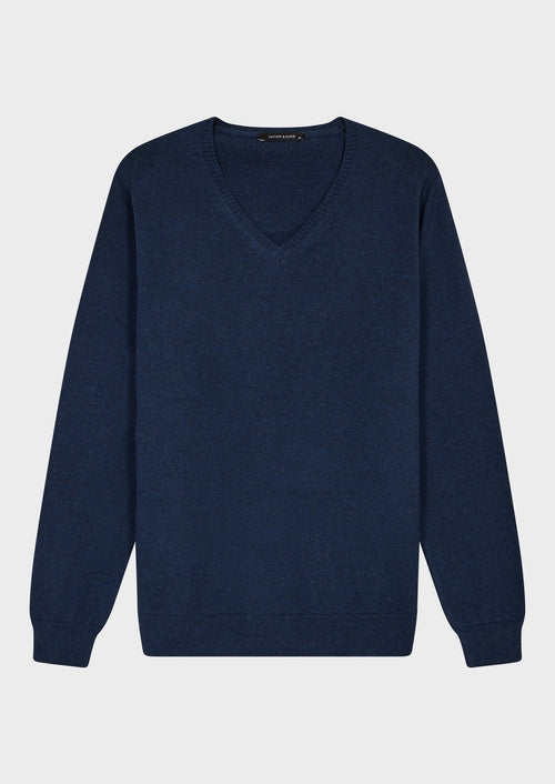 Pull col V en coton uni bleu indigo - 1 - Father & Sons   - 8 