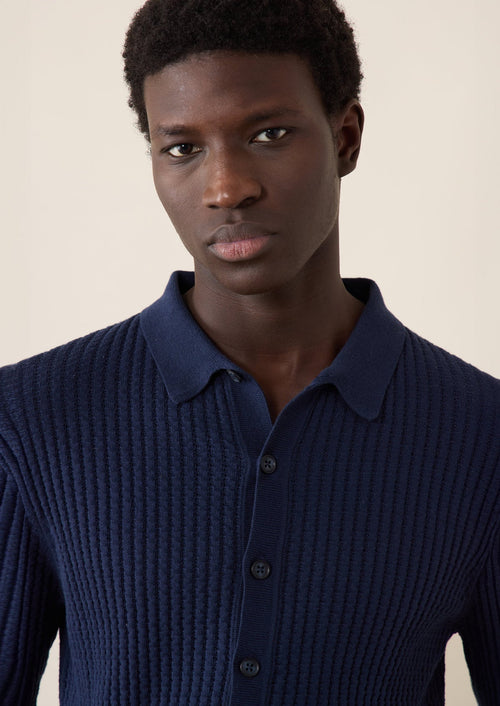Gilet boutonné en coton uni bleu marine - Father & Sons   - 3 