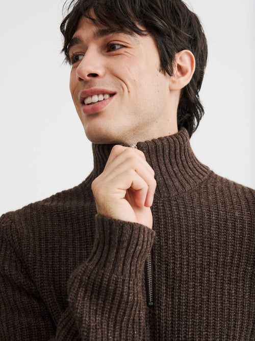 Pull col zippé en laine mélangée marron - Father & Sons   - 3 