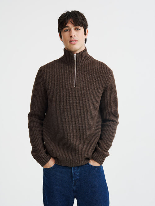 Pull col zippé en laine mélangée marron - 1 - Father & Sons   - 20 
