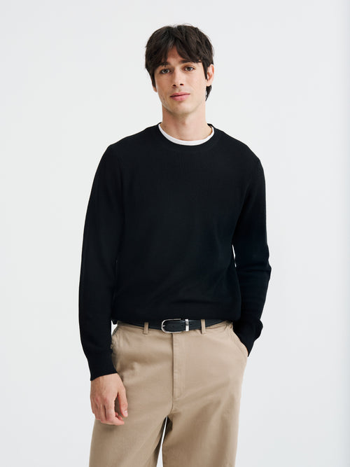 Pull col rond en laine Mérinos mélangée noire - 1 - Father & Sons   - 6 