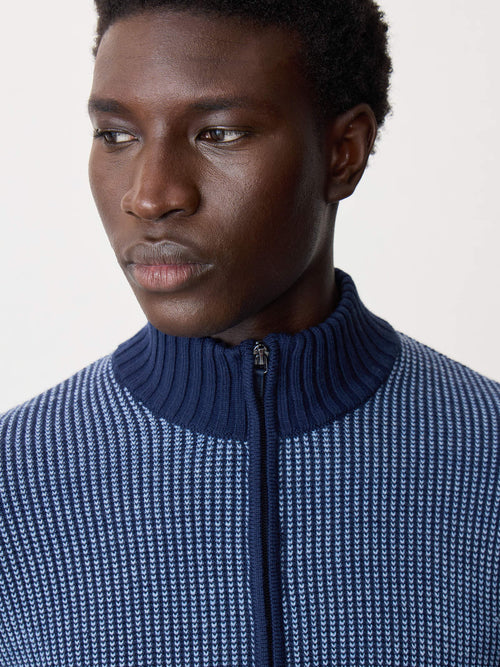 Pull col zippé en laine Mérinos mélangée bleu indigo - Father & Sons   - 4 