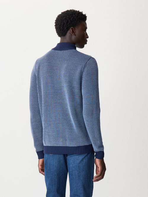 Pull col zippé en laine Mérinos mélangée bleu indigo - 2 - Father & Sons   - 14 
