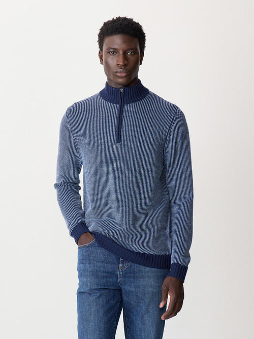 Pull col zippé en laine Mérinos mélangée bleu indigo - 1 - Father & Sons   - 14 