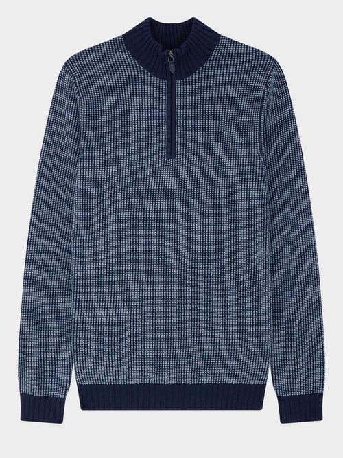 Pull col zippé en laine Mérinos mélangée bleu indigo - Father & Sons   - 5 