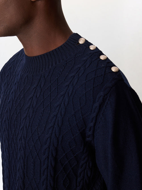 Pull col cheminée boutonné en laine Mérinos mélangée bleu indigo - Father & Sons   - 3 