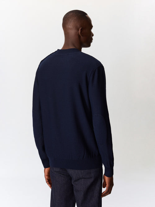 Pull col cheminée boutonné en laine Mérinos mélangée bleu indigo - 2 - Father & Sons   - 1 