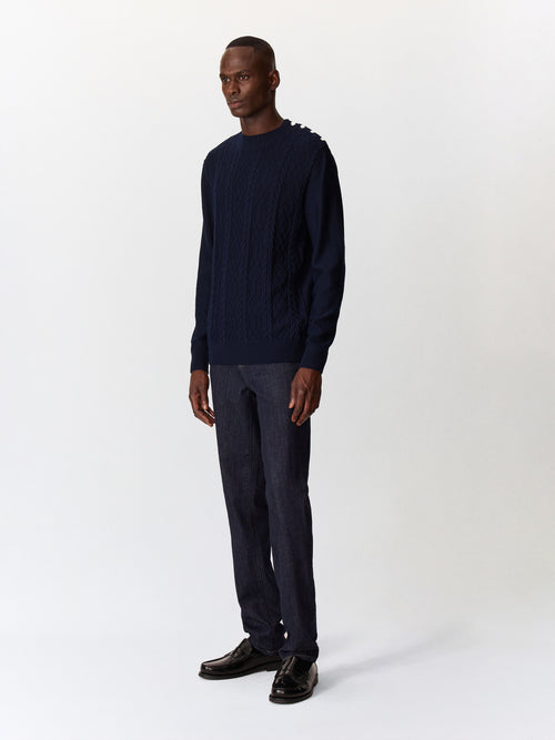 Pull col cheminée boutonné en laine Mérinos mélangée bleu indigo - Father & Sons   - 4 
