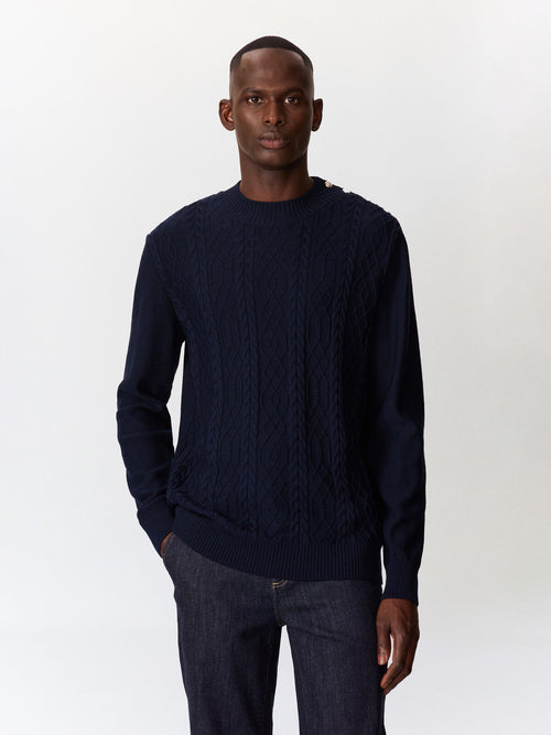 Pull col cheminée boutonné en laine Mérinos mélangée bleu indigo - 1 - Father & Sons   - 1 