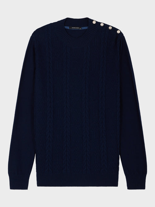Pull col cheminée boutonné en laine Mérinos mélangée bleu indigo - Father & Sons   - 1 