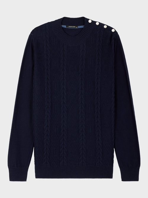 Pull col cheminée boutonné en laine Mérinos mélangée bleu indigo - Father & Sons   - 5 