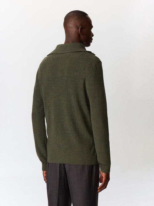 Pull col zippé en laine Mérinos mélangée kaki - 2 - Father & Sons   - 7 