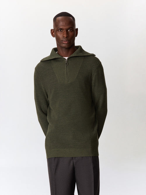Pull col zippé en laine Mérinos mélangée kaki - 1 - Father & Sons   - 7 