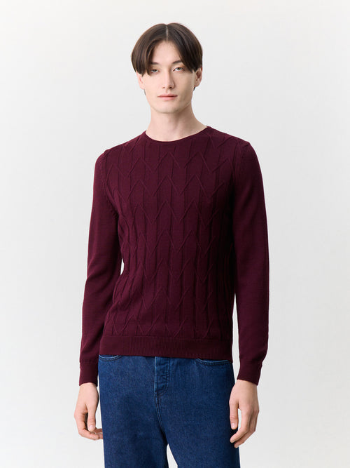 Pull col rond en laine Mérinos mélangée bordeaux - 1 - Father & Sons   - 14 