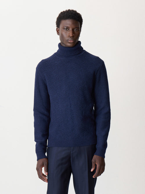 Pull col roulé en laine mélangée bleu marine - 1 - Father & Sons   - 3 
