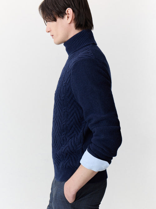 Pull col roulé en laine mélangée bleu marine - Father & Sons   - 4 