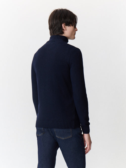Pull col zippé en laine mélangée bleu marine - 2 - Father & Sons   - 15 
