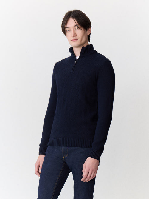 Pull col zippé en laine mélangée bleu marine - 1 - Father & Sons   - 15 