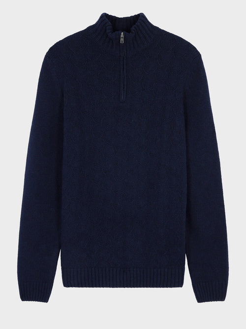 Pull col zippé en laine mélangée bleu marine - Father & Sons   - 4 