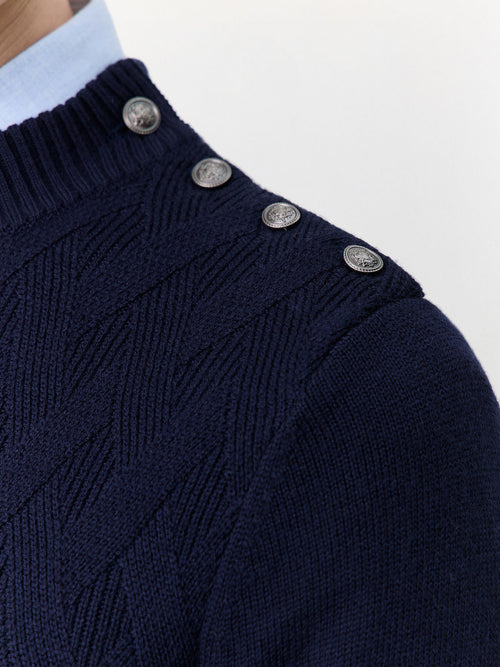 Pull col cheminée boutonné en laine Mérinos mélangée bleu marine - Father & Sons   - 3 