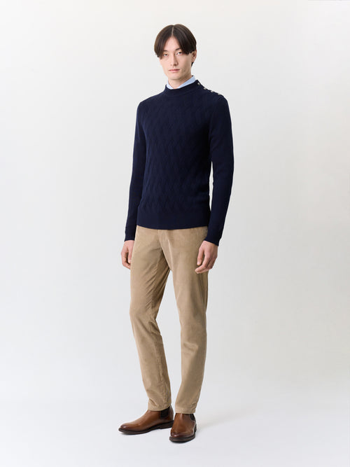 Pull col cheminée boutonné en laine Mérinos mélangée bleu marine - Father & Sons   - 4 