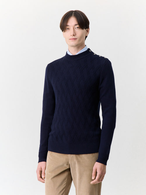 Pull col cheminée boutonné en laine Mérinos mélangée bleu marine - 1 - Father & Sons   - 12 