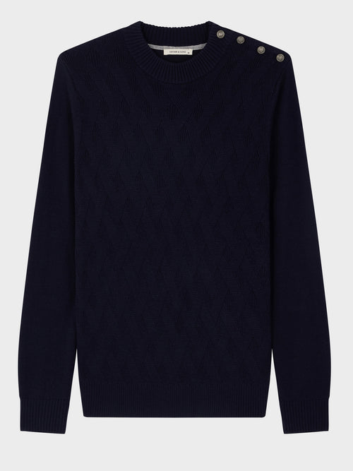 Pull col cheminée boutonné en laine Mérinos mélangée bleu marine - 1 - Father & Sons   - 6 