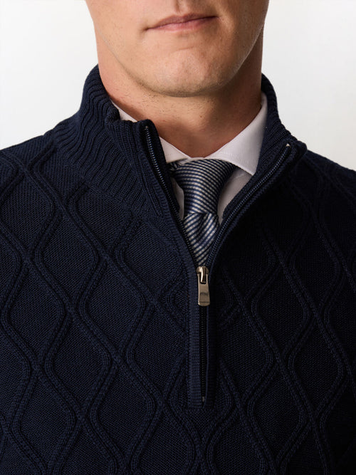 Pull col zippé en laine Mérinos mélangée bleu marine - Father & Sons   - 3 