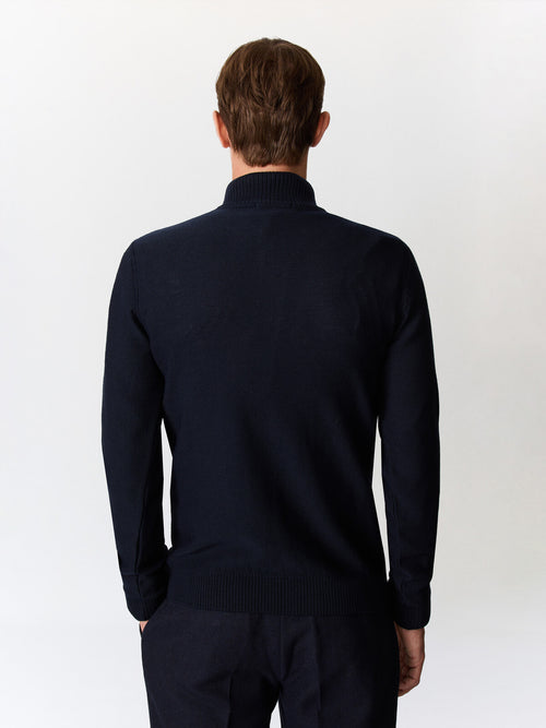 Pull col zippé en laine Mérinos mélangée bleu marine - Father & Sons   - 2 