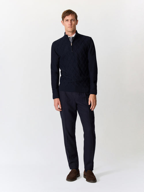 Pull col zippé en laine Mérinos mélangée bleu marine - Father & Sons   - 4 