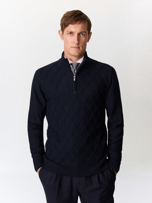 Pull col zippé en laine Mérinos mélangée bleu marine - Father & Sons   - 1 