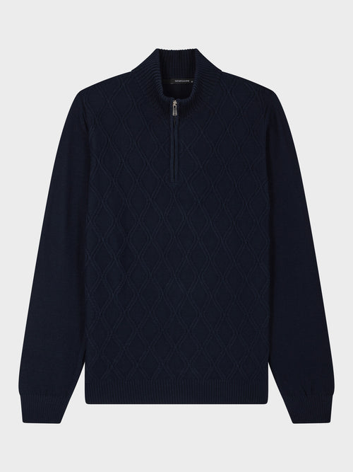 Pull col zippé en laine Mérinos mélangée bleu marine - Father & Sons   - 5 