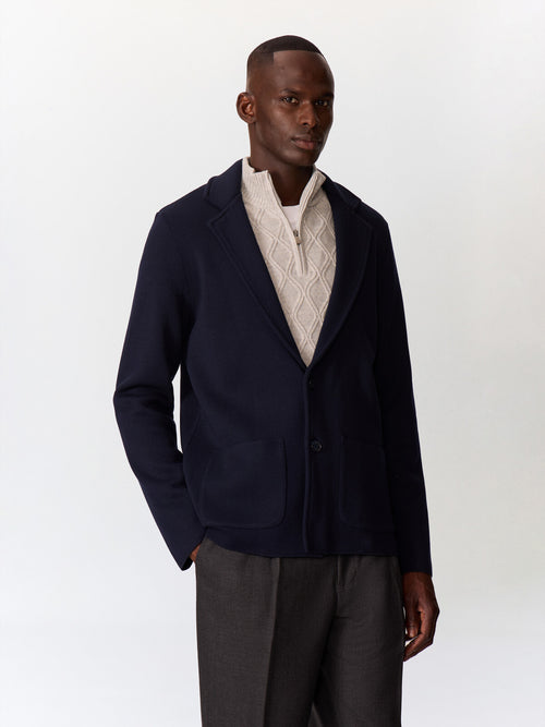Gilet boutonné en laine Mérinos mélangée bleu marine - Father & Sons   - 1 