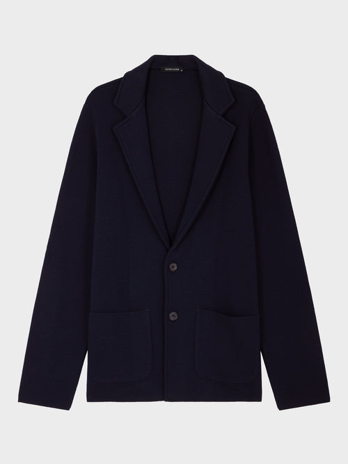 Gilet boutonné en laine Mérinos mélangée bleu marine - Father & Sons   - 5 