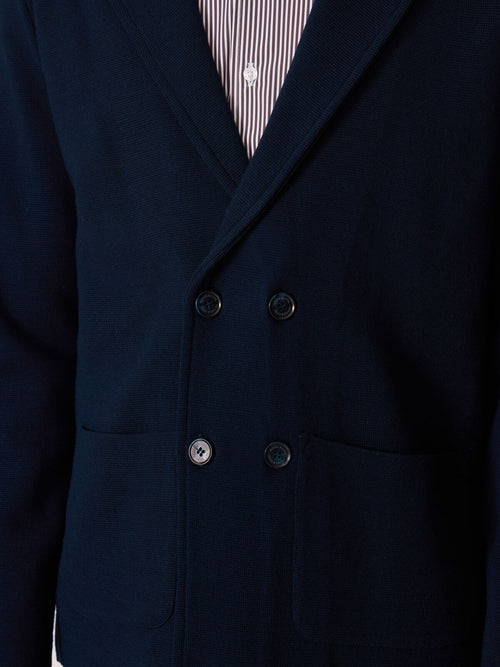 Gilet croisé boutonné en laine Mérinos mélangé bleu marine - Father & Sons   - 3 