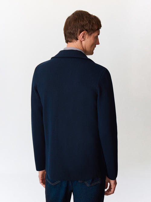 Gilet croisé boutonné en laine Mérinos mélangé bleu marine - 2 - Father & Sons   - 14 