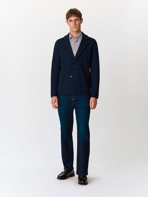 Gilet croisé boutonné en laine Mérinos mélangé bleu marine - Father & Sons   - 4 