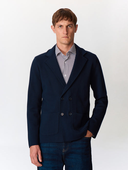 Gilet croisé boutonné en laine Mérinos mélangé bleu marine - 1 - Father & Sons   - 14 