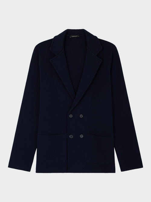 Gilet croisé boutonné en laine Mérinos mélangé bleu marine - Father & Sons   - 1 