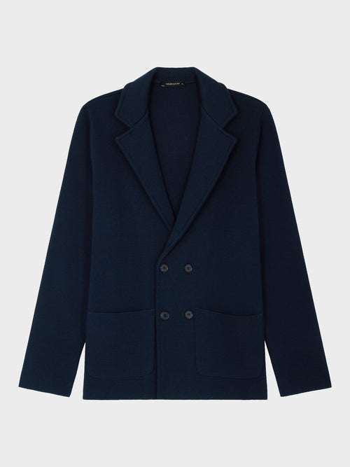 Gilet croisé boutonné en laine Mérinos mélangé bleu marine - Father & Sons   - 5 