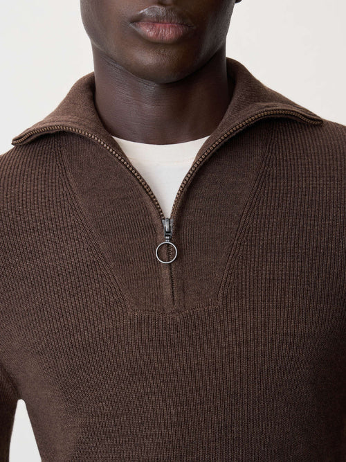 Pull col zippé en laine Mérinos mélangée marron - Father & Sons   - 3 