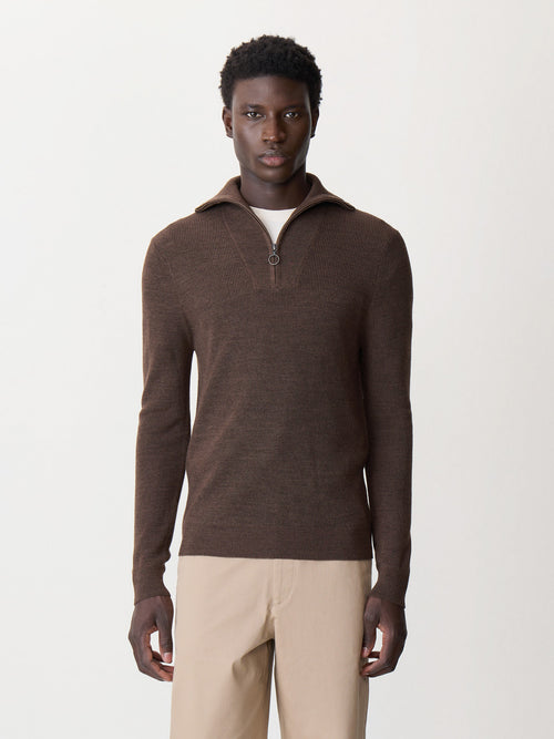 Pull col zippé en laine Mérinos mélangée marron - 1 - Father & Sons   - 2 