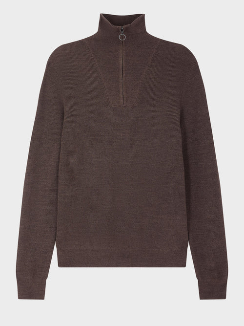 Pull col zippé en laine Mérinos mélangée marron - Father & Sons   - 4 