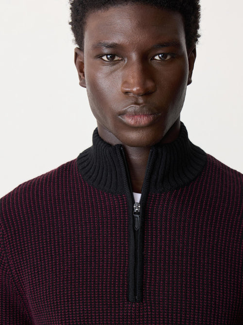 Pull col zippé en laine Mérinos mélangée noir et bordeaux - Father & Sons   - 3 