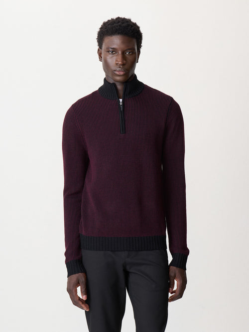 Pull col zippé en laine Mérinos mélangée noir et bordeaux - 1 - Father & Sons   - 13 