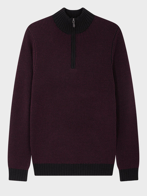Pull col zippé en laine Mérinos mélangée noir et bordeaux - Father & Sons   - 4 